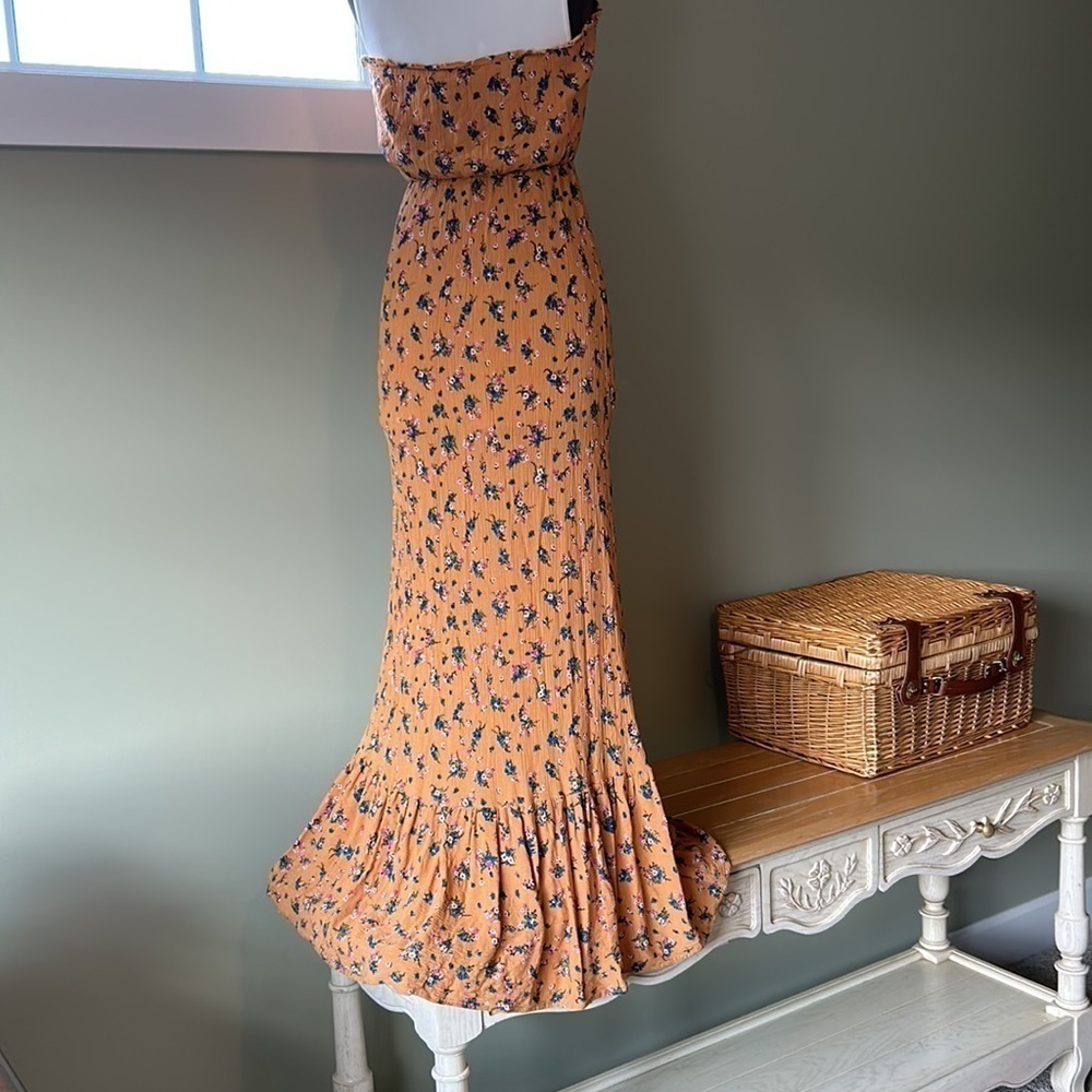 Altar’d State maxi baby doll dress strapless size sm autumn gold ditsy print